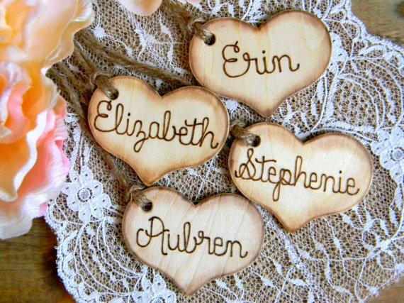 Mariage - Add On Rustic Charm Wooden Hearts Wood Burned Engraved Bridal Party Hearts Bridesmaid Hearts Flower Girl Basket Heart Wedding Bouquet Heart