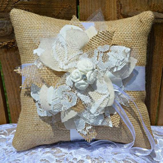 Свадьба - PERSONALIZED Burlap Lace Ring Pillow, Custom ring bearer pillow, wood heart initials, rustic wedding ring pillow, burlap and lace, custom