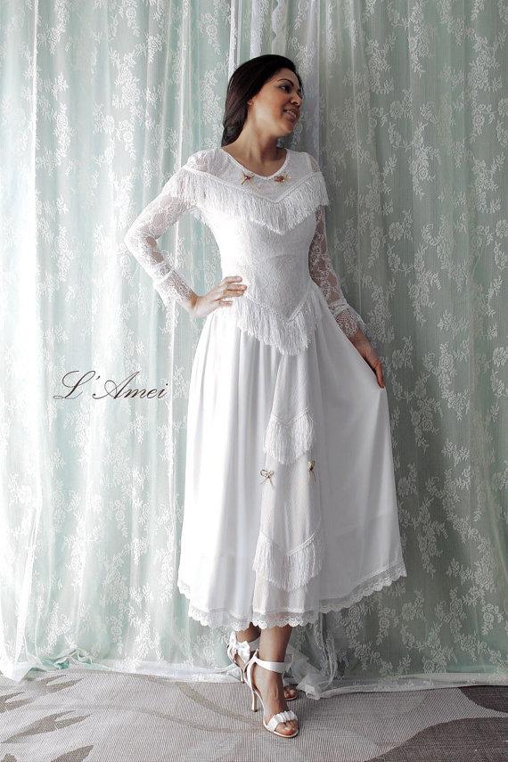 Mariage - Luxury vintage style soft lace weddng dress with beautiful  White tassel and long lace sleeves Perfect for woodland wedding  AM198380978