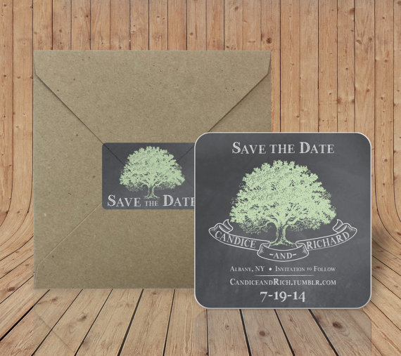زفاف - Custom Coasters - Chalkboard Style Save the Date Coasters - Craft Paper Envelopes - Oak Tree - Engagement Stock the Bar