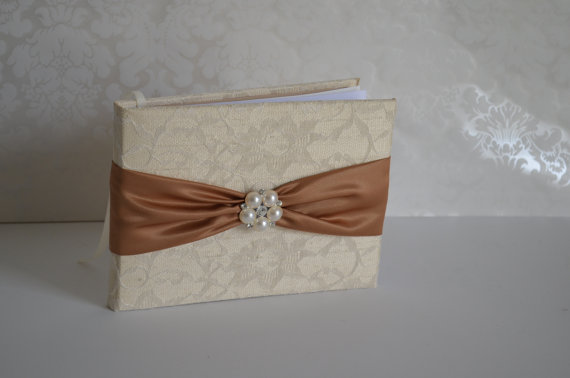 Свадьба - Lace Guest book with Copper sash with large pearl and crystal brooch