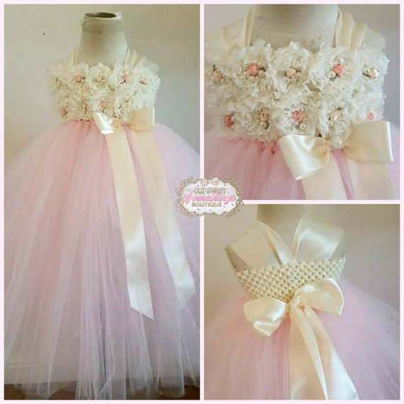 Wedding - Light Pink Tulle Skirt Ivory Shabby Chic Flower Girl Dress Vintage Inspired Tutu
