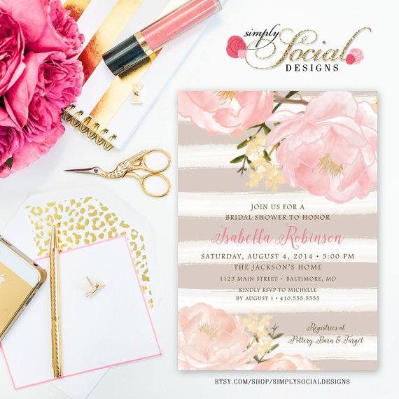 Свадьба - Romantic Garden Peonie Flowers Taupe Stripes Blush Pink Bridal Shower Invitation Printable