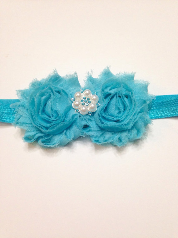 Свадьба - Turquoise flower Headband blue shabby Flowers pearl button on Elastic Headband baby toddler girl teen infant women wedding flower girl 