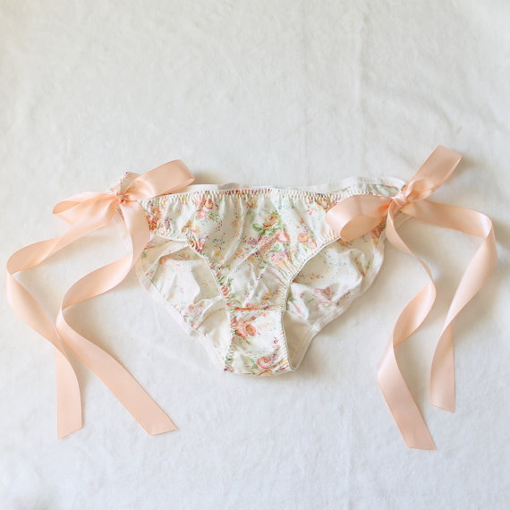 Hochzeit - Lingerie Sample SALE Floral Cotton Side Tie Romantic Panties Peach and Cream OOAK Small - Medium