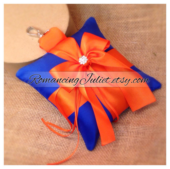 Свадьба - Elite Satin Pet Ring Bearer Pillow with Vibrant Rhinestone Accent...Made in your custom wedding colors...show in royal blue/orange 