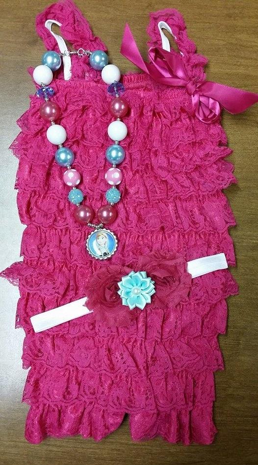 Hochzeit - Beautiful PINK Romper w/ Matching Frozen necklace and headband