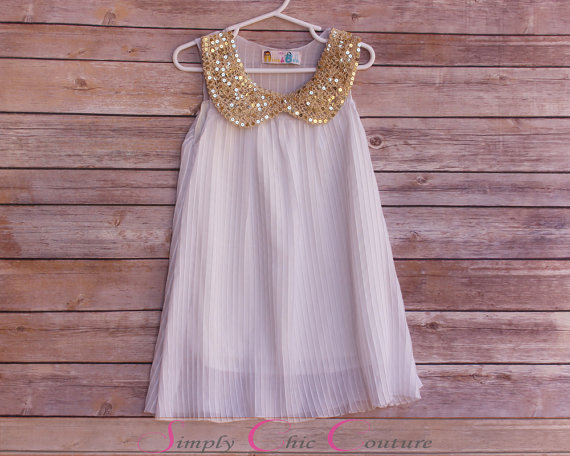 زفاف - CLEARANCE - White With Gold Sequin Princess Dress, shabby chic vintage flower girl dress, cake smash dress, wedding sparkle dress