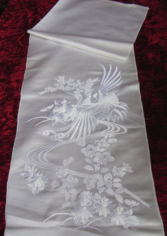 Mariage - Vintage Japanese Wedding Uchikake Kimono Fabric Glorious Embroidered Flying Crane Flowers, Bell Flower Blossom And Flowing Stream
