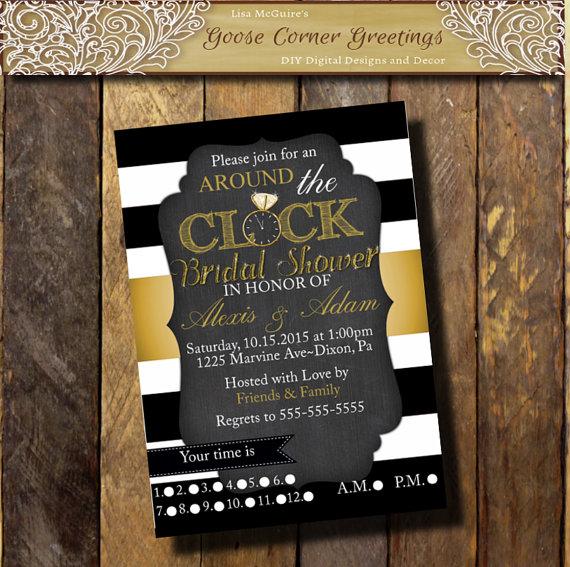 Wedding - choose colors AROUND the CLOCK Bridal Shower invitation Black White Gold striped Baby Shower invite Clock shower House shower