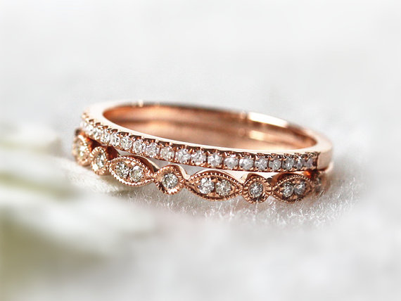 Mariage - 14K Rose Gold Ring Set Stacking Ring Stackable Band Diamond Wedding Band Birthstone Ring Diamond Jewelry Engagement Band Anniversary Ring