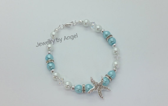 Hochzeit - Turquoise Pearl Rhinestone Starfish Bracelet  Bridal Wedding Jewelry Bridal Shower Gift Flower Girl