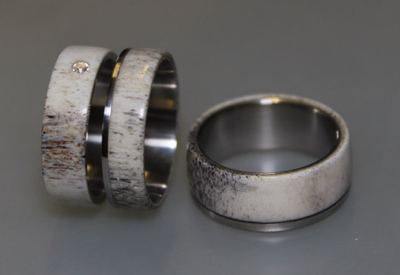 زفاف - Engagement Antler Ring and Antler Wedding Band Set, Titanium Ring set