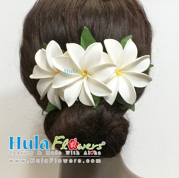 Hochzeit - 3 Tiare Tahitian Gardenia Hair Clip For Hawaiian, Polynesian Hula Dancer, Wedding, Beach Party Hair Accessories, Hand Made