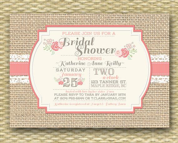 Свадьба - Burlap Lace Floral Bridal Shower Invitation, Printable or Printed, ANY EVENT, Bridal Brunch Coral Peach Blush Pink Mint