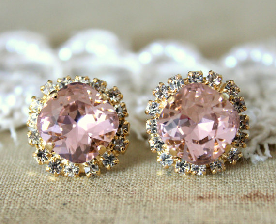 Hochzeit - Blush pink earrings Crystal stud big vintage pink earrings Pink Blush Bridal earrings Silver Blush Pink Earrings Gold Blush Pink Earrings