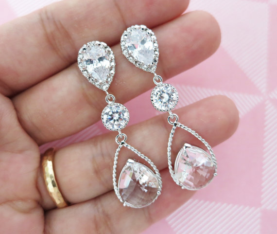 زفاف - Macaria - Silver Teardrop Crystal Earrings, Bridesmaid Earrings, Bridal Wedding Jewelry, Cubic Zirconia, Glass