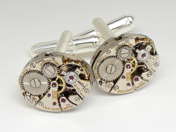 Свадьба - Steampunk Cufflinks Vintage Bulova watch movements gears wedding anniversary grooms gift silver cuff links men jewelry by Steampunk Nation