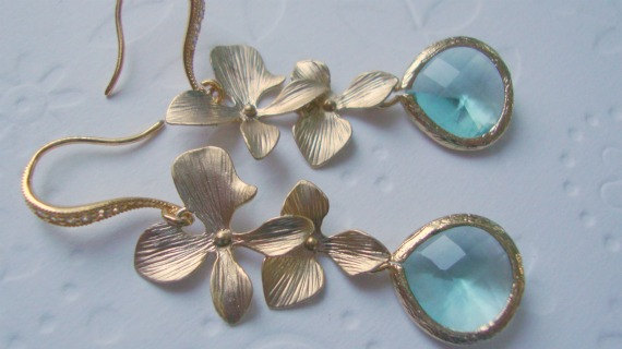 زفاف - Drop earrings Bridesmaids gift double orchid and aquamarine glass stone, Spring fashion, pastel jewelry, Wedding jewelry Blue earrings