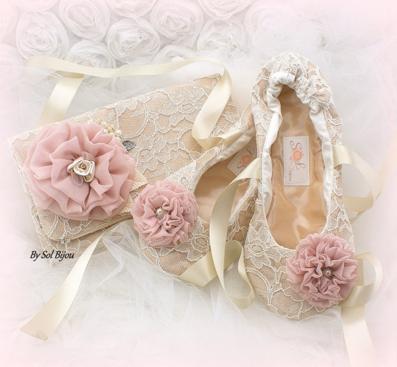 Mariage - Bridal Lace Clutch, Lace Ballet Flats, Wedding, Bridal in Champagne, Ivory, Rose, Blush with Chiffon, Crystals and Pearls- Rose Gold Set