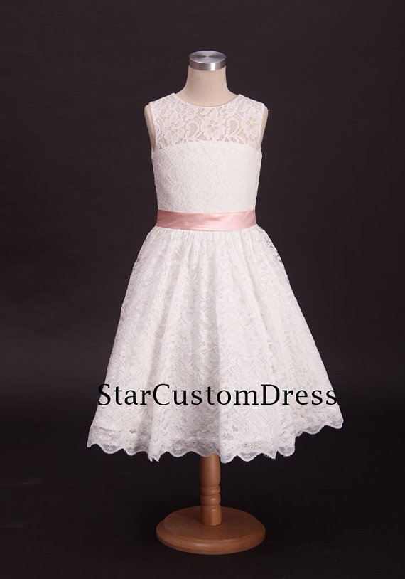 Mariage - Ivory lace flower girl dress with Pink belt for weddings kids party dresses for girls
