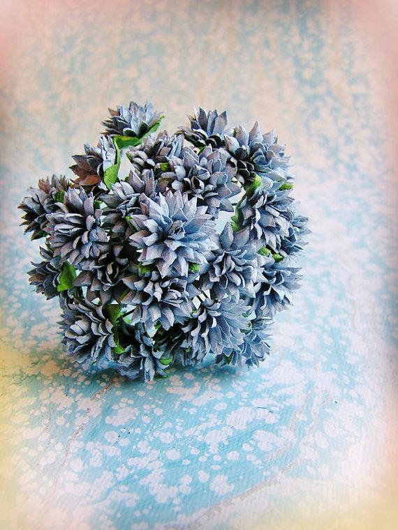 Mariage - Dusk blue Dahlias Vintage style Millinery Flower Bouquet - for decorating, gift wrapping, weddings, party supply, holiday