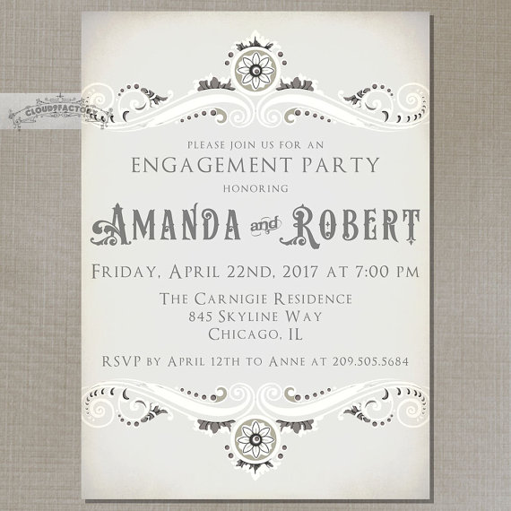 Wedding - Sophisticated Vintage Engagement Party Invitations Digital Printed Invitation or Printed Cards Shade of Grey Gray No.526