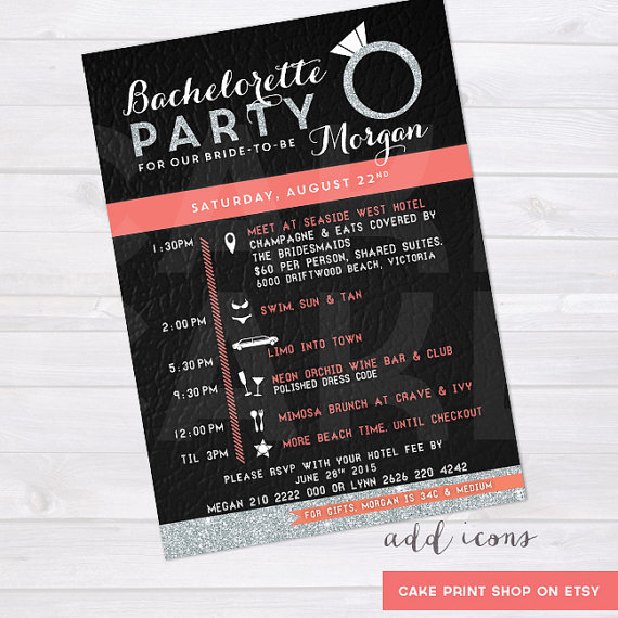 Mariage - Bachelorette party invitation, silver bachelorette invite, Hens party, coral bachelorette invite, Bachelorette Bash printable invite