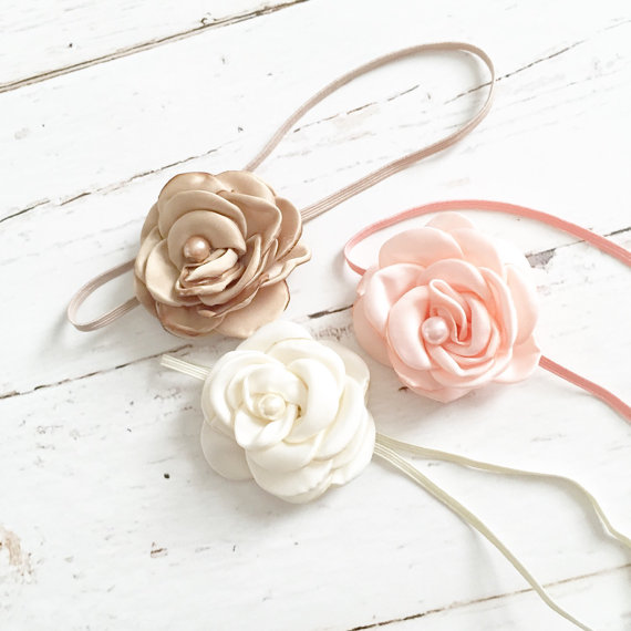 Hochzeit - Headband SET-ivory tan peachy pink dainty satin flower headband-wedding flower girl headband-petite newborn headband prop set
