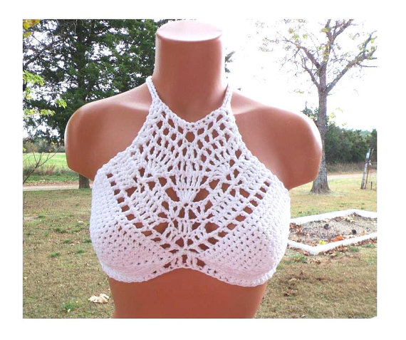 Свадьба - Cross Back High Neck Bralette Top, Hippie Crochet White Top by Vikni Designs