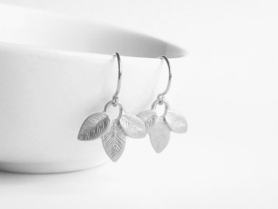 Hochzeit - Silver Leaf Earrings - delicate little matte silver plated trio of leaflets dangle on simple little French hooks - wedding bridal jewelry