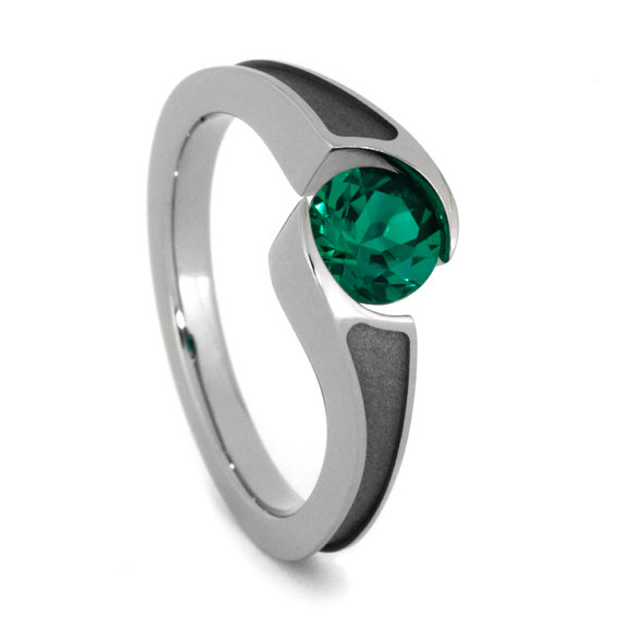 Wedding - Tension Set Ring with Emerald Gemstone and Sandblasted Titanium Band, Titanium Engagement Ring