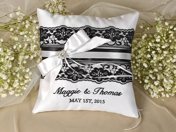 Свадьба - Back To Black - Lace Wedding Pillow  Ring Bearer Pillow Embroidery Names Custom Colors