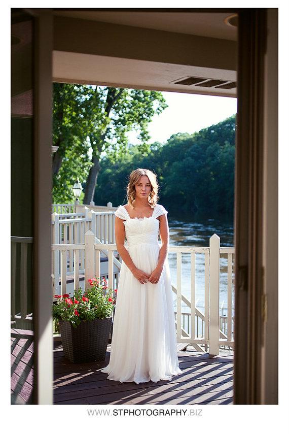 Wedding - June Sale-Lily lace chiffon wedding dress-Sweetheart Cap sleeves A-line full length wedding dress gown