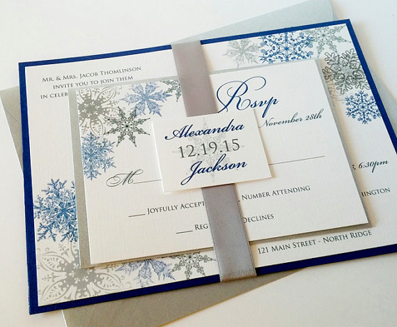 Wedding - Lacy Snowflake Formal Wedding Invitation Suite - Ribbon and Tag - Silver, Sapphire Royal blue - Winter Wedding - Physical Sample Only