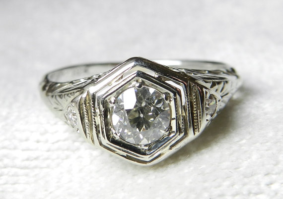 زفاف - Antique Engagement Ring .72 Ct Old European Cut Diamond Engagement Ring 18K White Gold .72 Carat 1920s Engagement Ring Orange Blossom 18K