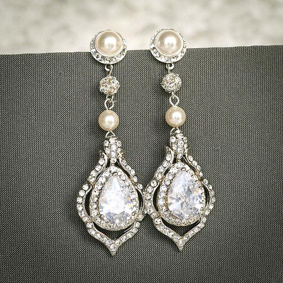 Hochzeit - TORILYN, Wedding Earrings, Bridal Earrings, Vintage Style Pearl and Crystal Rhinestone Dangle Earrings, Teardrop Earrings, Bridal Jewelry
