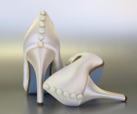 Свадьба - Wedding Shoes -- Ivory Peep Toe Wedding Shoes with Silver Rhinestone Adornment on the Toe, Blue Painted Sole and Ivory Satin Buttons