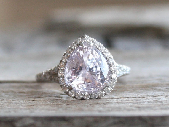 زفاف - 3.48 Ct. Heart/Pear Cut Lavender Sapphire Split Shank Diamond Engagement Ring in 14K White Gold