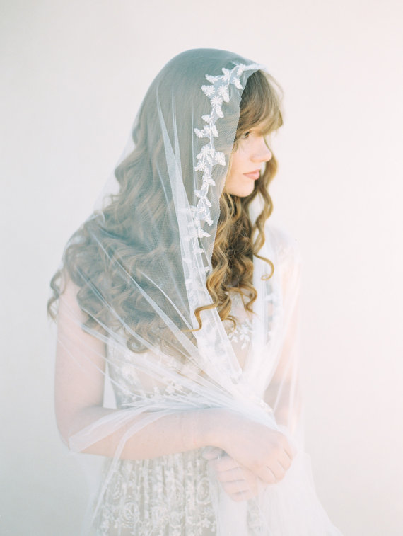 Mariage - Wedding Veil, Beaded Ivory Bridal Mantilla Veil Chapel Length - Style 403