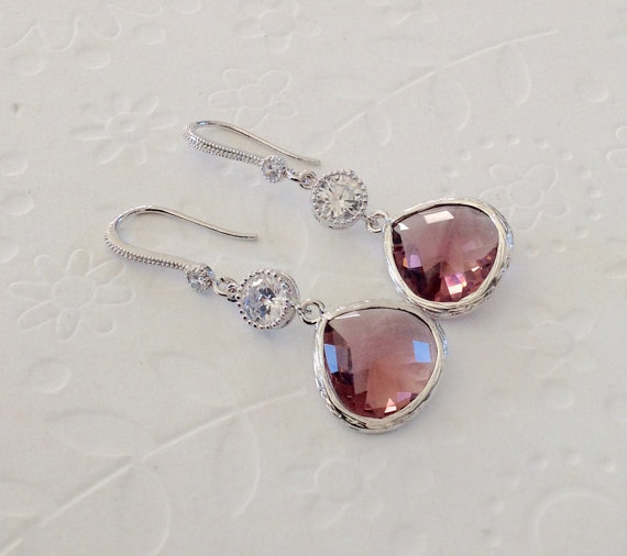 زفاف - Marsala drop earrings /  Wedding earrings / Bridesmaid Jewelry / cubic zirconia and marsala glass dangle earrings / Prom /spring