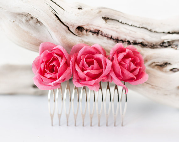Wedding - Pink coral hair comb, Roses hair comb, Bridal hair accessories, Hair flowers, Wedding hair accessory, Bridal comb, Flower comb, Bridesmaid.