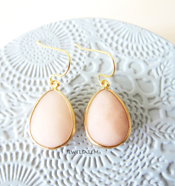 Свадьба - Peach Earrings Blush Pink Gold Dangling Drop Statement Big Earrings Coral Bridal Jewelry Bridesmaid Gift Modern Elegant