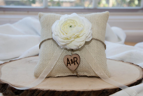 Свадьба - White Ranunculus flower custom ivory burlap ring bearer pillow  shabby chic with engraved heart  initials... many more colors available