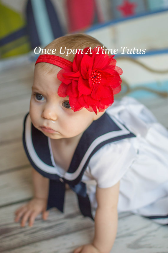Wedding - Red Flower Puff Headband - Newborn Baby Hairbow - Little Girls Hair Bow - Christmas Holiday Bright Accessories - Simple Casual Hair Piece