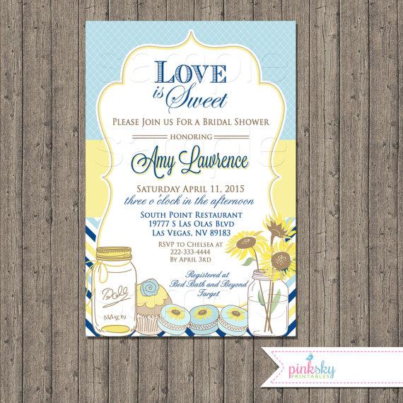 Hochzeit - Love is Sweet Blue and Yellow Bridal Shower Invitations Printable File - Mason Jars, Hearts, Macaroons, Sunflower Invitations