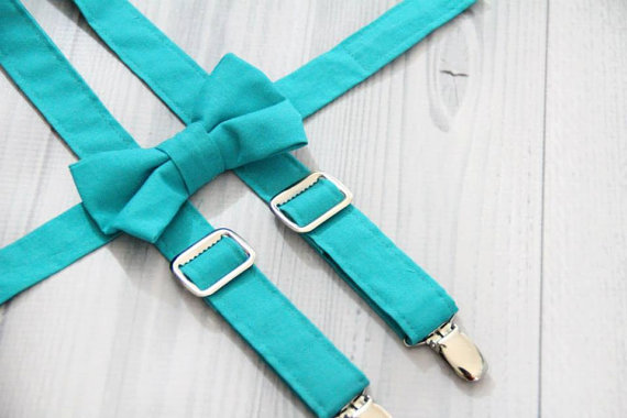 Wedding - Boys Suspender and Bow Tie Set in Solid Teal, RIng Bearer. Holidays, Photo Prop and more. Chose size