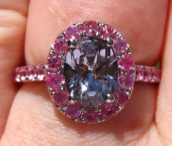 Mariage - 2 Carat Precision-Cut Ceylon Gray Spinel and Mahenge Pink Spinels in White Gold Halo Engagement Ring