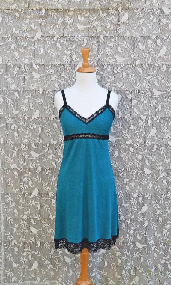 Wedding - Soft Nightgown Organic Cotton Bamboo Women's Lingerie Full Slip Dress Extender or Sexy Nightie Sleepwear Eco Teal w/ your choice of lace