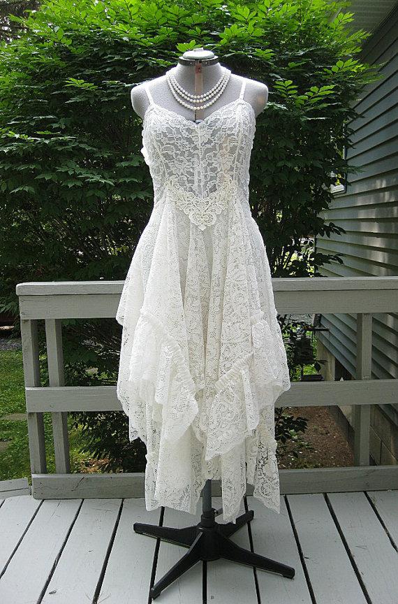 Wedding - Off White alternative bride tattered boho gypsy hippie wedding dress, recycled / vintage laces, US size 12-14, Medium / Large
